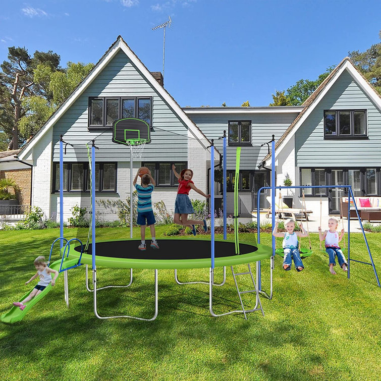 Trampoline with basketball 2025 hoop and slide